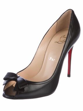 Christian Louboutin Black Leather Peep-Toe Pump with Bow and Red Heel